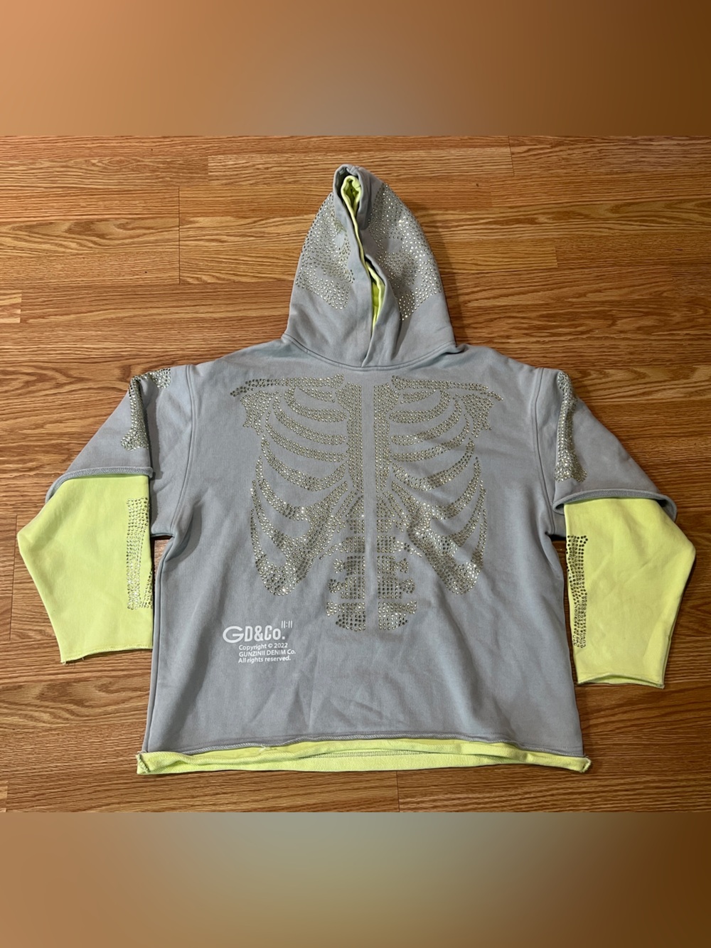 Gunzinii Denim & Co. Gray & Neon Yellow Rhinestone Hoodie